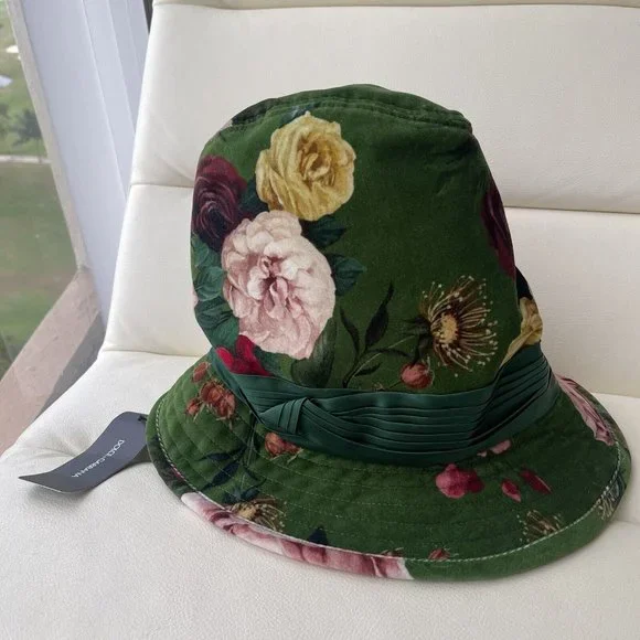 NWT DOLCE & GABBANA DOLCE & GABBANA GREEN WIDE BRIMMED FLORAL PRINT BUCKET HAT S